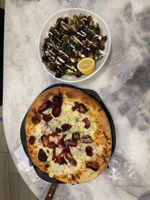 Pizza--chicken pesto and Brussels sprouts