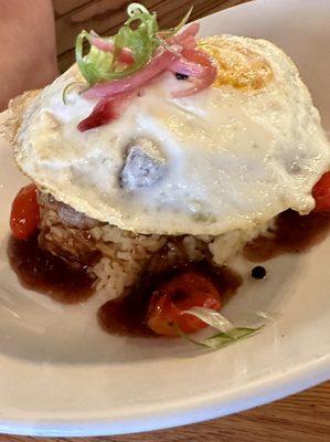 Beef patty locomoco with garlic rice.