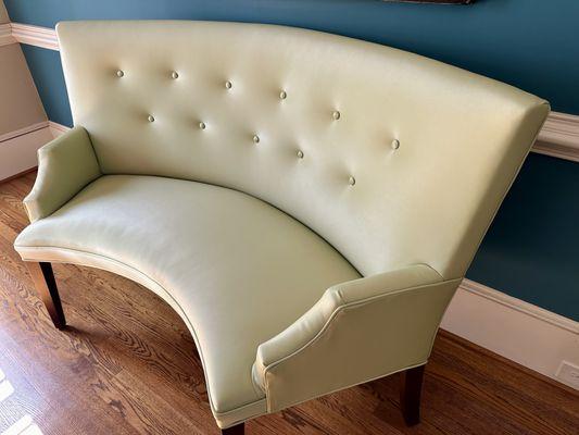 LA reupholstered this Mitchell Gold + Bob Williams banquette in a vibrant lime green. Beautiful work!