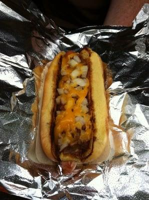 'The Cincinnati Dog'--Zawack Shack specialty hot dog: Mild chili, shredded cheddar cheese, onion, & mustard.