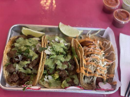 Two Carne Asada Taco and one Fried Fish Taco