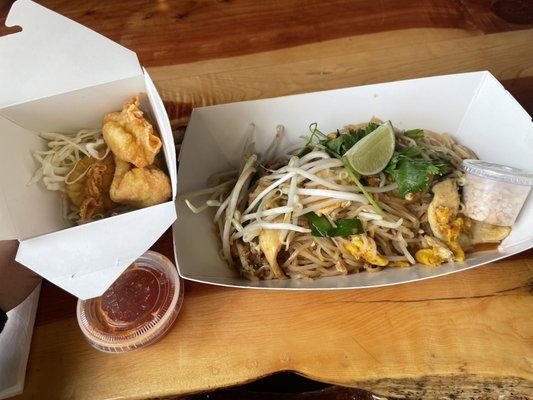 Chicken pad Thai and crab wontons