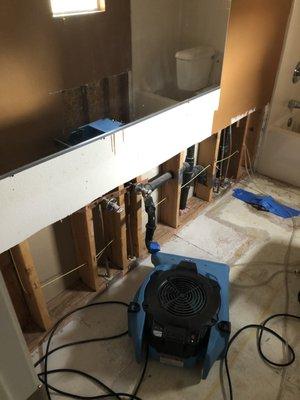 Vinyl flooring, drywall, and vanity removed in bathroom