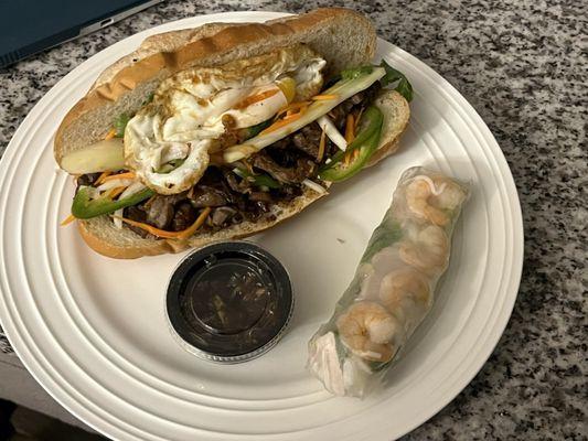 Korean BBQ Bahn Mi with sunny side up egg- spring roll with peanut sauce