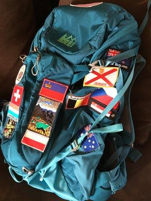 24 patches sewn on a backpack