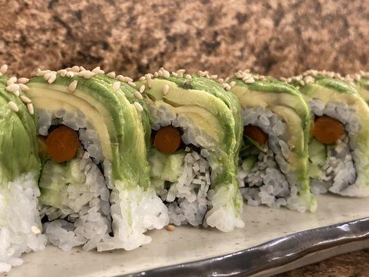 Special Veggie Roll!!  Cucumber, carrot, oshinko (pickled radish) daikon radish roll. Topped with sliced avocado!