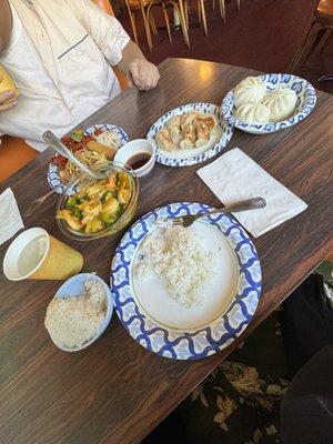 Shrimp curry, sweet and sour pork, pot sticker, steamed bun