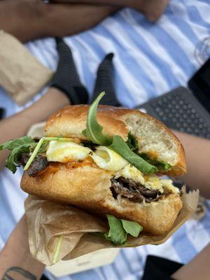 Make it your way sandwicheggs. Scrambled with cheddar cheese, arugula, ribeye and chipotle aioli.