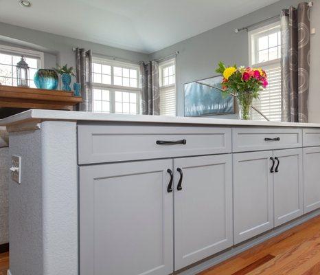 Soothing gray kitchen island after cabinet painting