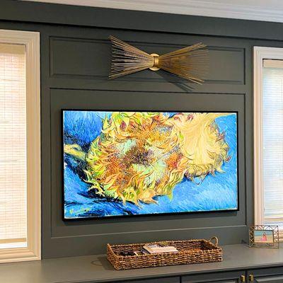 Samsung Frame TV seamlessly blends into this beautifully designed room, showcasing its art-like appearance.