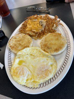 Eggs, biscuit, and hash browns