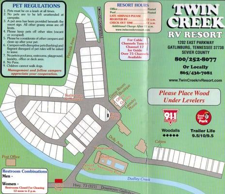 Map Includes: Trolley Stop, Pool, Fenced Pet Area, Camp Store, Boutique, Game Room, RV Lots, Shower Houses and more!