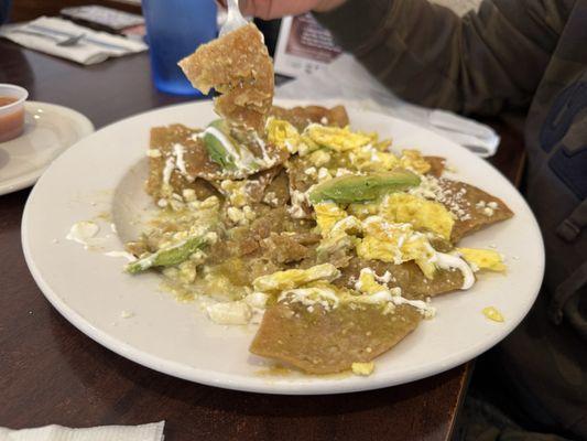 Chilaquiles verdes with scrambled eggs