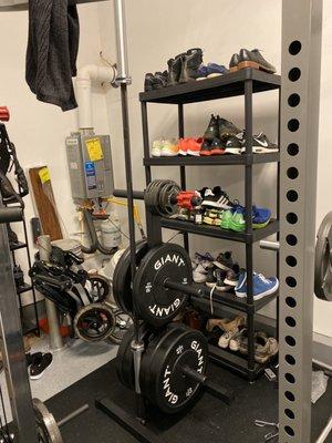 Training bumper plate set, GTR bar, weight tree, grip collars