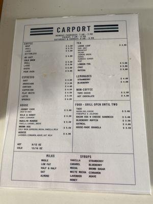 Carport Coffee menu