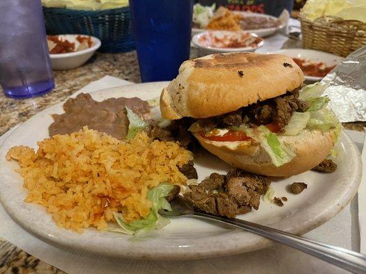 Torta, rice, and beans