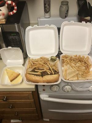 Cheesecake, chicken cheesesteak and fries, quesadillas and fries.