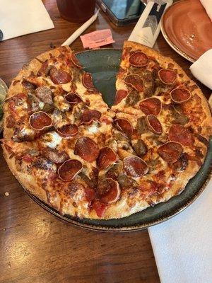 Personal sized pepperoni and Sausage Pizza.