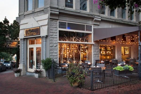 Posana Restaurant's exterior and patio located on Historic Pack Sq. in downtown Asheville.