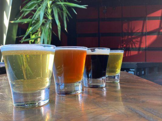 Lets go for a flight!  Pictured here: 
Shining Mountain Golden, Rimrock'd Amber, Big Bison Stout, Staycation IPA