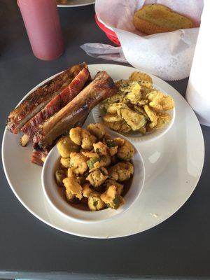 Rib plate with fried okra and fried pickles + Texas toast