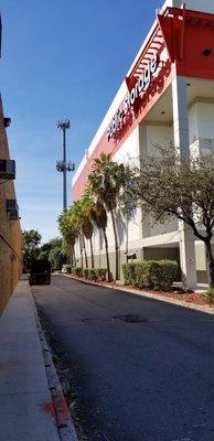 The side of the building where you go to access the storage units