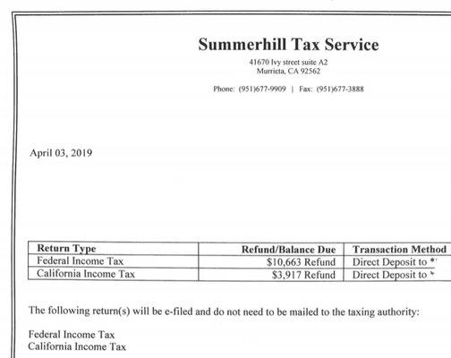 Thank you so much David at Summerhill Tax Services in Murrieta. You won't be disappointed.