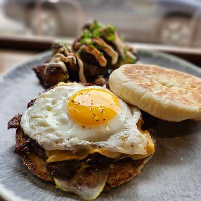 The Bruffin,  Smash Cheeseburger on a House-Made English muffin with a sunnyside up egg