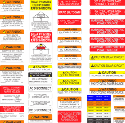 Solar Labels & Stickers - Designed to meet NEC requirements. Our UV Laminate gives you 7 yr durability, great for interior/exterior signage.