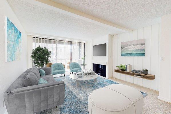 Living room with fireplace at Mariners Village Apartment Homes