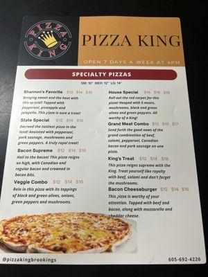 Menu specialty pizzas