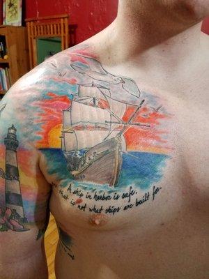 Ship and ocean scene tattoo by Joe Bass @ Happiness Tattoo