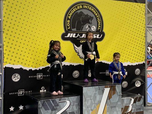 Toddlers' competition in June 2023 for the NABJJF LA Open. Logic BJJ Irwindale taking home gold and bronze!