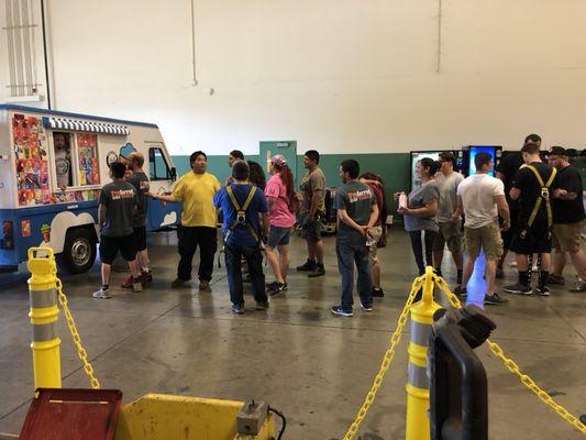 Employees cool off on a very hot day