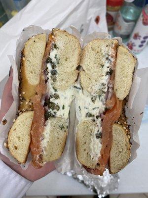 Everything bagel with garlic and herb cream cheese.