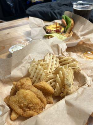 Grouper fingers and fries and burger