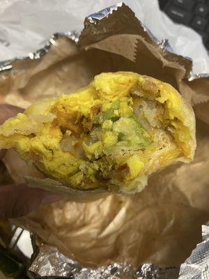 Breakfast  Cali Burrito with Eggs, Potatoes, bacon, avocado and cheese