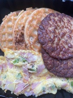 Cinnamon waffles  Sausage Pattie's  Western omelette w cheese