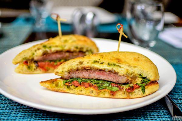 New York Steak Sandwich, Swiss cheese, arugula, schiacciata bread.