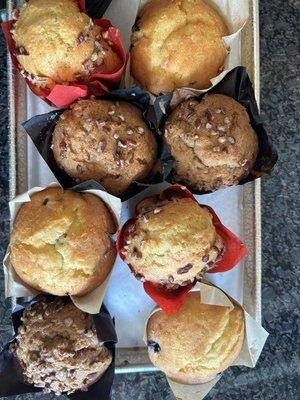 We have many varieties of muffins Blueberry, Nuts, Chocolate Chip, Cinnamon Nuts, and Chocolate