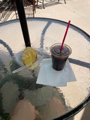 Iced Oat Milk Mocha and fresh lemon cake. Yum!