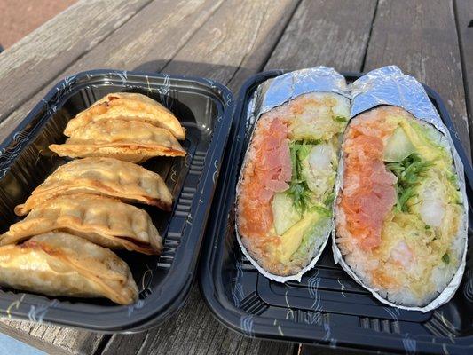 Fried pork gyoza and Sushi Burrito