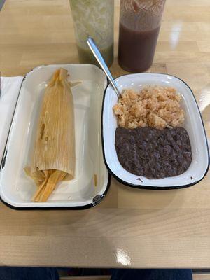 Beef Tamale with rice and beans