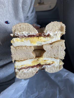 Egg and cheese breakfast sandwich with bacon