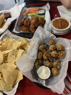 Fried Breaded Mushrooms, Chips and Salsa, and Wings