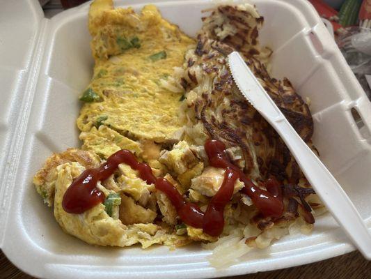 Turkey omelette and hash browns