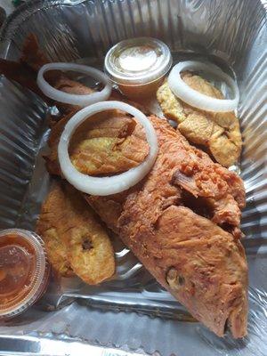 Fried snapper, fried plantains (2), pikliz (spicy cabbage mix), sauce