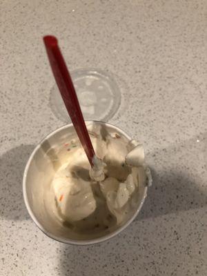 Barely any blizzard filling, next time if this is what you are supposed to get I'll just order vanilla ice cream.