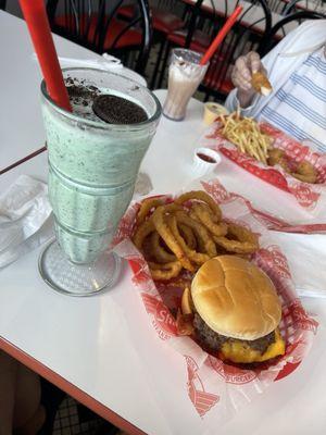 Western BBQ steakburger, onion rings and mint Oreo shake