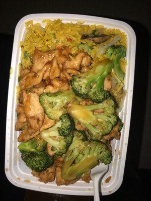 Chicken and Broccoli Plater with vegetable fried rice.